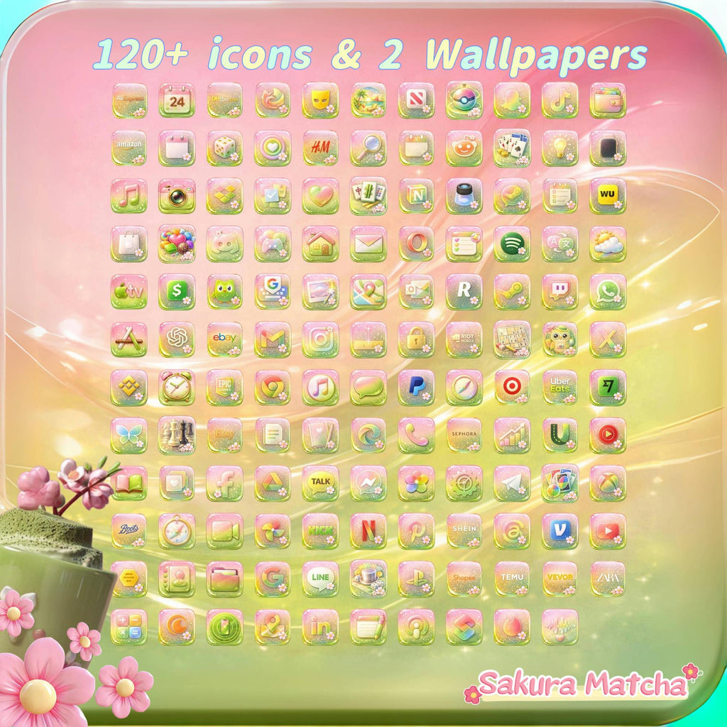 Sakura Matcha iOS Icon Pack, Jelly App Icons, Wallpaper (120+ Icons)