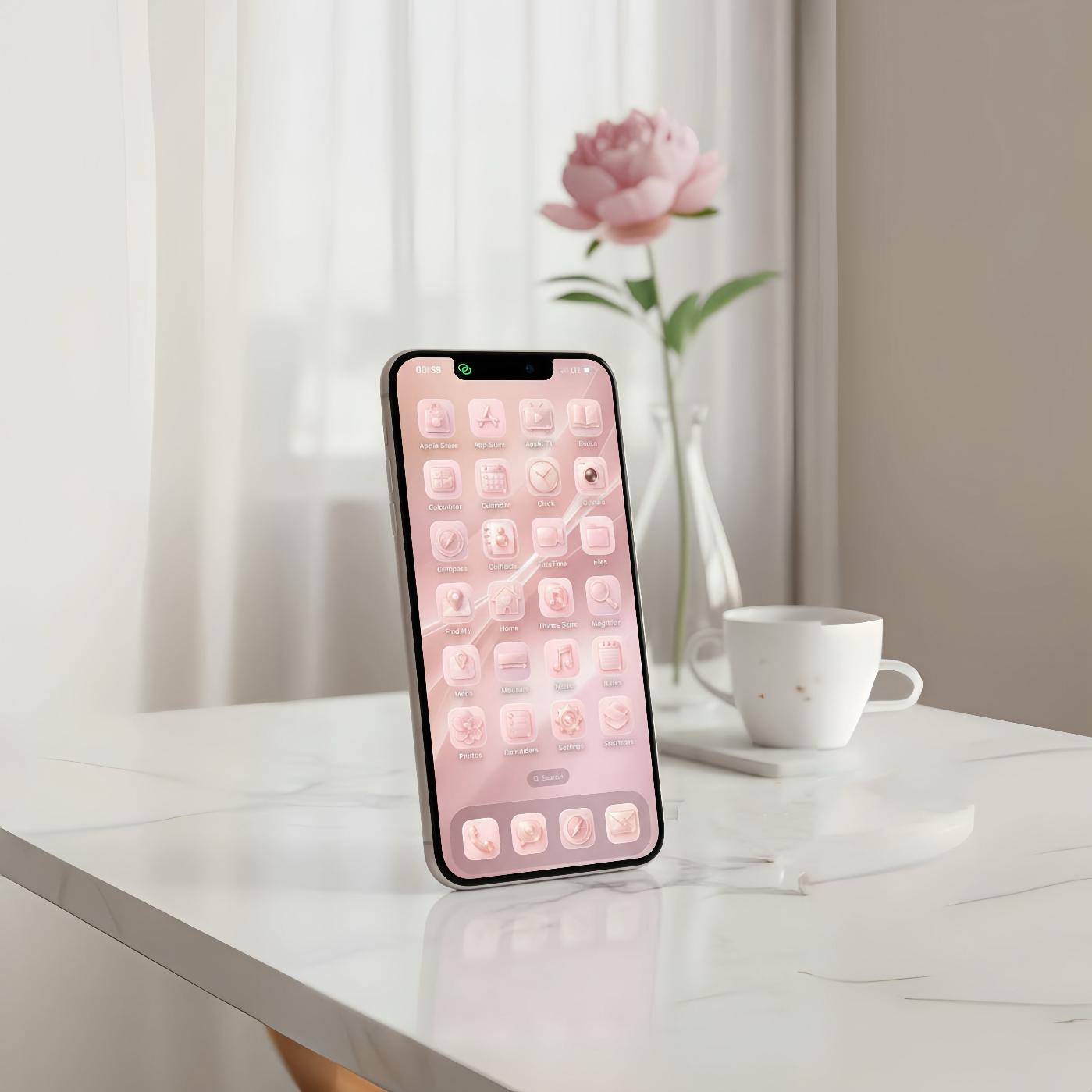 Pink Champange Blush Glass Luxurious iOS System Apps Icon Pack , Valentine's Day Theme